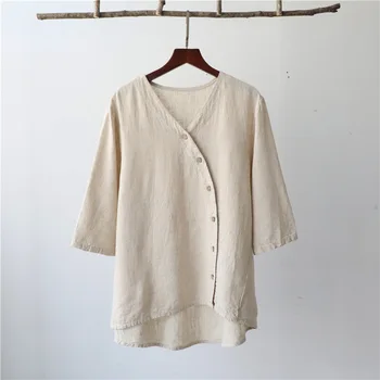  J028 2023, весенне-летняя новая женская блузка с V-образным вырезом для отдыха из хлопка и конопли, женская футболка с короткими рукавами