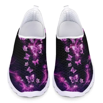  Фиолетовые дышащие сетчатые кроссовки без застежки с принтом бабочки, лоферы на плоской подошве, женская обувь на плоской подошве, летняя женская повседневная обувь Большого размера