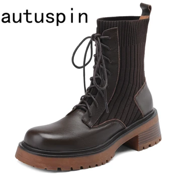  Autuspin/2023, Женские Короткие ботинки Из натуральной кожи с круглым носком, Повседневная обувь на шнуровке, Осенние Модные Ботильоны на толстом каблуке