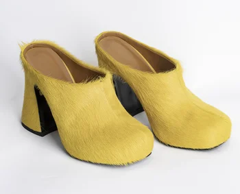  Роскошные итальянские дизайнерские кожаные женские тапочки на высоком каблуке, Повседневная обувь из конского волоса 2023