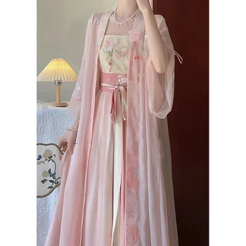  2023 Летнее Милое Розовое платье Hanfu, 3 шт., халат с коротким рукавом, Бежевая юбка-слинг Hanfu, Карнавальные платья Принцессы, Китайские женщины Hanfu