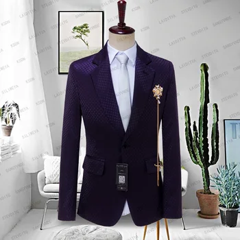  2023 Мужские костюмы фиолетового цвета с волнообразной точкой, двойка, мужские модельные костюмы, Повседневные офисные деловые костюмы для свадьбы