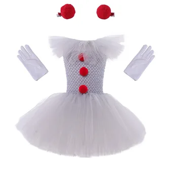  Костюм на Хэллоуин для девочек от 2 до 12 лет, Необычное Серое платье-пачка с Жутким Клоуном, Детская Карнавальная Одежда для Косплея, Детское Платье из Тюля
