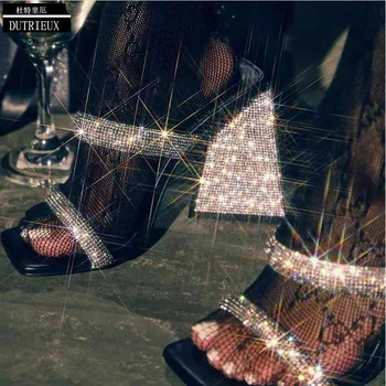  Женские туфли-лодочки, Роскошные Элегантные туфли со стразами на высоком каблуке с квадратным носком, 2023 года, Дизайнерские модные вечерние женские Босоножки, Новая женская обувь