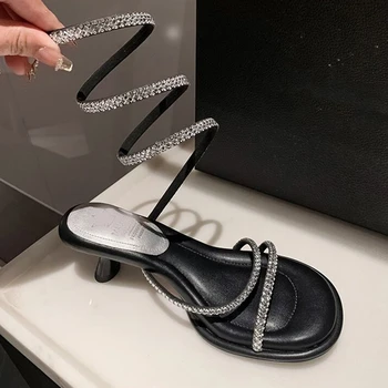  2023 Летние Женские Босоножки на высоком каблуке Со стразами, обвивающие лодыжки, Свадебные Дизайнерские вечерние туфли со стразами, Женские сандалии-гладиаторы