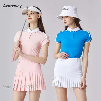  Azureway, Летние женские рубашки-поло для гольфа с короткими рукавами, полосатые спортивные топы, Плиссированная юбка для гольфа для девочек, Женские комплекты шорт