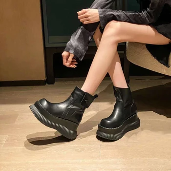  Ботильоны Для Женщин; Черные туфли на танкетке в стиле панк-гот; Ботинки на платформе; Дизайнерские ботинки на каблуке; Новинка осени 2023 года; Рок-обувь; Bottes Femme