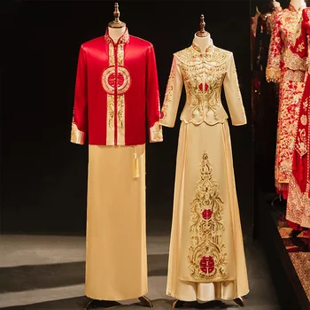  Атласное платье Ципао с вышивкой Феникса и кисточками из бисера в китайском традиционном свадебном стиле Чонсам для невесты и жениха китайская одежда