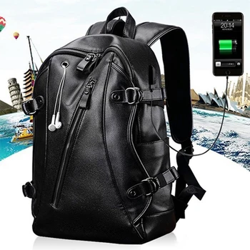  Мужской рюкзак с внешней USB-зарядкой, Водонепроницаемый Рюкзак, Модная дорожная сумка из искусственной кожи, Повседневная школьная сумка, Кожаная сумка для книг