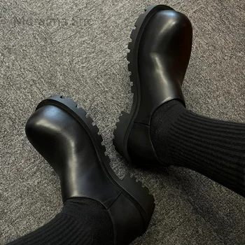  Женская кожаная обувь с большим круглым носком, мужские черные лоферы без застежки, повседневная обувь в британском стиле в стиле ретро, вечерние деловые модельные туфли
