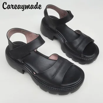  Careaymade-Сандалии из натуральной кожи с открытым носком, для отдыха, на высоком школьном каблуке, легкие и универсальные летние удобные сандалии из натуральной кожи