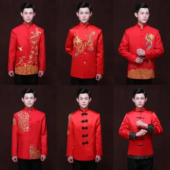  Китайская Красная Свадебная куртка для жениха, Мужская Туника, Костюм Тан, Китайское Традиционное платье, Мужской костюм Дракон, Чонсам, 90