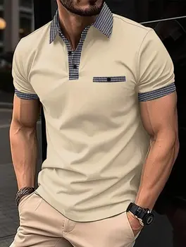  Летняя новинка 2023, мужская Повседневная трендовая рубашка поло с короткими рукавами, деловая модная клетчатая футболка, Мужская дышащая рубашка поло