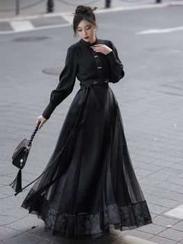  Элегантный и удобный китайский стиль Hanfu: черная вуаль и юбка с лошадиным лицом для женской весенне-летней одежды