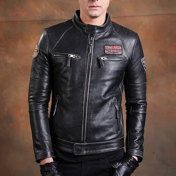  Модные байкерские куртки, винтажная мужская куртка из натуральной кожи, тонкое пальто из 100% натуральной воловьей кожи, настоящая мотоциклетная одежда