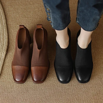  2023 г., новые весенние женские туфли-лодочки из натуральной кожи 22-24,5 см, воловья кожа + вязание + свиная кожа, женская обувь с круглым носком на высоком каблуке