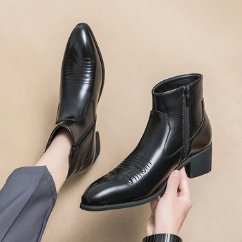  Мужские ботинки в стиле вестерн, ковбойские черные ботильоны на молнии коричневого цвета, деловые ботинки ручной работы, Размер 38-46, Бесплатная доставка, мужские ботинки