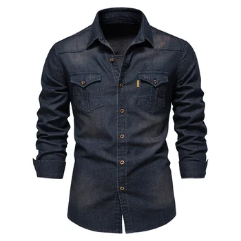  Весенняя новая однобортная мужская рубашка Demin из нетканого материала, Хлопковая деловая Повседневная модная однотонная мужская рубашка, трендовый топ уличной одежды