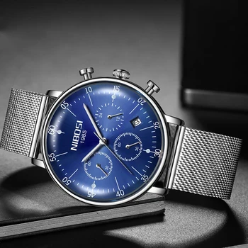  Модные кварцевые часы NIBOSI Мужские с сетчатым ремешком из нержавеющей стали, 3D Изогнутое стекло, Синие часы, Водонепроницаемые наручные часы с хронографом, мужские