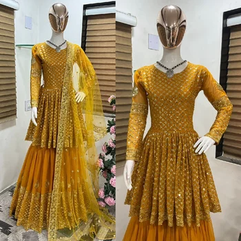  Пакистанские шаровары, индийское сари, золотые свободные расклешенные брюки, комплект Sharar с длинными рукавами