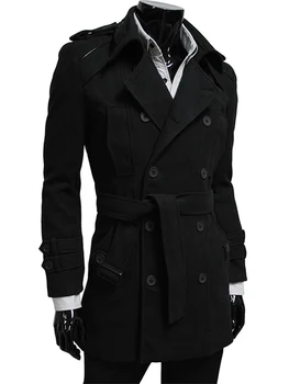  Сшитый на заказ черный тренч для мужчин, Двубортное зимнее пальто, Мужское длинное пальто, Кашемировое шерстяное пальто, Зимние пальто для мужчин