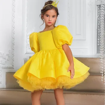  Желтое атласное платье в цветочек для девочек с пышными рукавами Длиной до колен, праздничное платье Принцессы для детского Дня рождения, Размер платья От 1 до 14 лет