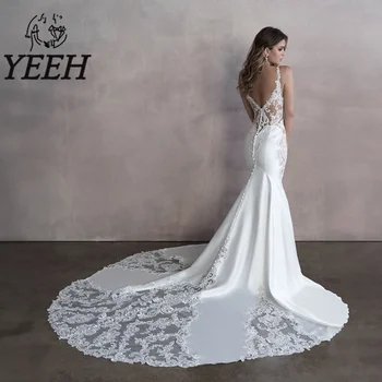  Свадебное платье YEEH с V-образным вырезом, Элегантная Иллюзия, Открытая спина, Кружевные аппликации, Свадебное платье со шлейфом в стиле Русалки, Vestido De Noiva для невесты