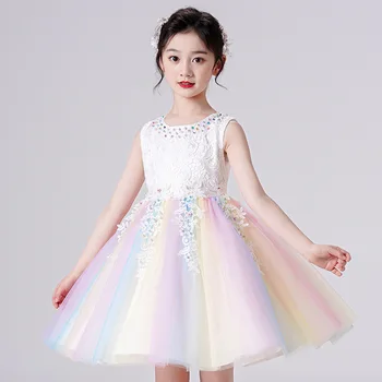 Летнее голубое, белое, Розовое, радужное детское платье принцессы с цветочным узором для девочек на День рождения, Свадебную вечеринку, тюлевое водорастворимое кружевное платье