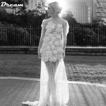  Короткие Свадебные платья Трапециевидной формы DREAM 3D Flowers, расшитые жемчугом, Тюлевое платье Невесты с длинными рукавами, иллюзия спинки, свадебное платье в стиле Бохо
