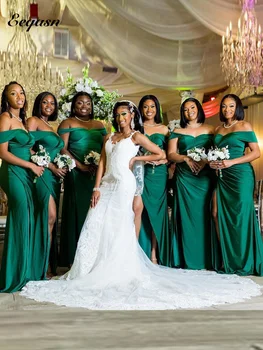  Сексуальное Зеленое Платье Подружки Невесты 2024 с открытыми Плечами, Длинное Женское Свадебное Платье с Разрезом, Плюс Размер, Сексуальное Вечернее Платье