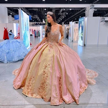  Роскошные Блестящие Пышные Платья из Розового Золота с открытыми плечами, Vestidos De Appliqué 3DFlower 15 Anos, Бальное Платье для Вечеринки в честь Дня Рождения