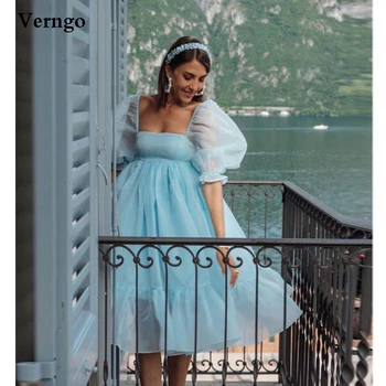  Verngo, Короткое Свадебное платье из Небесно-голубой Органзы с Пышными рукавами в стиле Кантри, Свадебные платья Длиной ниже колена, Вечерние платья