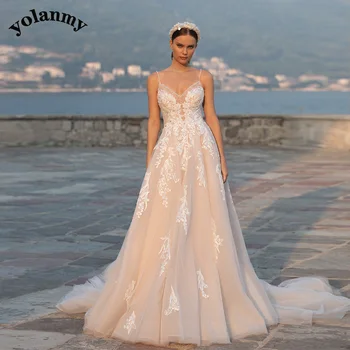  YOLANMY Гламурные Свадебные платья на бретельках, расшитые бисером, Кружевные аппликации Aline Vestido De Casamento по индивидуальному заказу