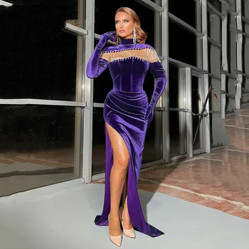  Фиолетовое бархатное вечернее платье Русалки С длинным рукавом и высоким вырезом, расшитое бисером, вечерние платья Robe De Soirée с разрезом сбоку, платья для выпускного вечера