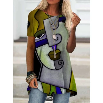  Женская модная свободная футболка, уличный хипстерский летний пуловер с короткими рукавами и круглым вырезом, абстрактный принт в виде лица, женская футболка большого размера