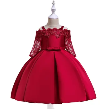  2021 Новая юбка принцессы для девочек, платье на бретелях с одним словом, кружевное открытое платье с длинными рукавами, саржевая атласная юбка с вышивкой