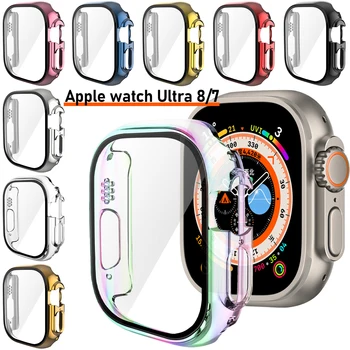  Стекло + чехол для Apple Watch Ultra 49 мм, цветное покрытие корпуса, бампер, защитная пленка для экрана iWatch серии 8/7, 41 мм, 45 мм, защитный чехол