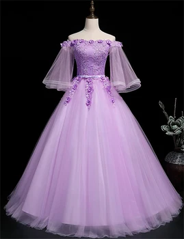  Роскошные Пышные платья с цветочным рисунком, бальное платье Принцессы с открытыми плечами, половина рукава Длиной до пола, тюль с аппликацией и вышивкой