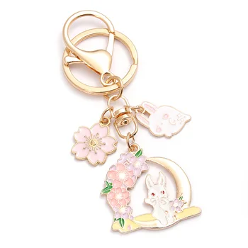  Милый Эмалированный брелок с цветочным рисунком, Мультяшный Кролик, Лунный брелок, брелки с животными, Сувенирные подарки для женщин и девочек, ювелирные изделия ручной работы 