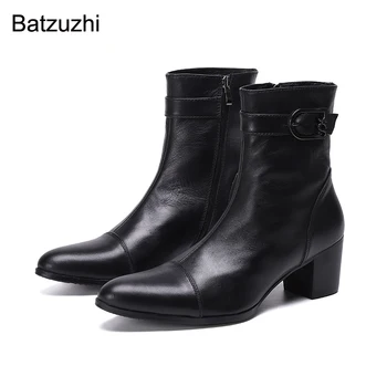  Batzuzhi/2023; Мужские ботинки; Черные Ботильоны из натуральной кожи с Острым Носком; Мужские Ботинки на высоком Каблуке 7 см на молнии; Красивые Botas Hombre для Вечеринки/Свадьбы