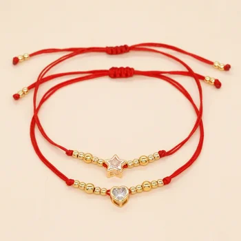  Циркониевые позолоченные браслеты с подвесками в форме сердца и звезды для женщин, девочек-подростков, Красная веревка, дружба, Регулируемые ювелирные изделия, Счастливый браслет, подарок