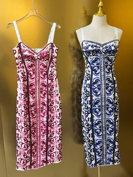  Модное дизайнерское Летнее шелковое женское платье-бюстье Миди с цветочным принтом на бретельках, элегантная праздничная упаковка, платья для ягодиц