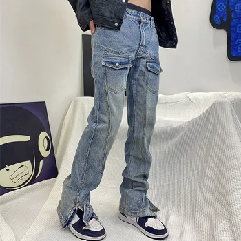  Мужские джинсы с высокой уличной застежкой-молнией, Хип-Хоп, Тонкие светло-голубые Джинсовые брюки в стиле ретро, Мужские и женские трендовые брюки полной длины