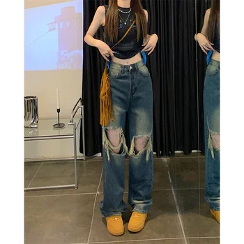  Корейская версия нишевых уличных рваных джинсов с высокой талией и прямыми широкими штанинами в стиле ретро для женщин