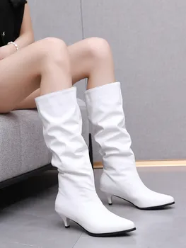  Модные ботинки в западном стиле 2023 г., зимние женские ботинки на высоком каблуке без застежки, модные плиссированные ботинки до середины икры