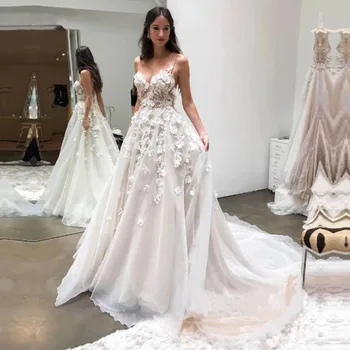  Элегантное свадебное платье с кружевным верхом с 3D цветами, большие размеры, свадебные платья без рукавов трапециевидной формы, платья принцессы для невесты