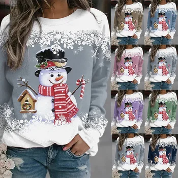  2022 Осенне-зимняя Женская футболка с Рождественским принтом Снеговика Y2K, Сшитая с длинными рукавами, Свободный Повседневный Пуловер с круглым вырезом, Рубашка, Топ