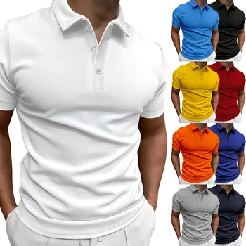  летняя мужская рубашка 2023, однотонная футболка с коротким рукавом и лацканами, Повседневный крой, Мужская одежда в европейском и американском стиле