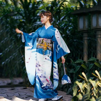  Женское японское традиционное кимоно с длинными рукавами синего цвета с принтом журавля, официальное весеннее длинное платье Юката, костюм для косплея