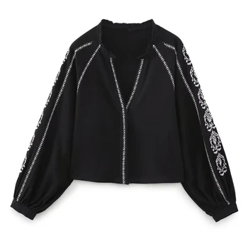  Свободная повседневная рубашка Elmsk в богемном стиле с винтажной вышивкой и V-образным вырезом, хлопковая блузка черного цвета, женские топы